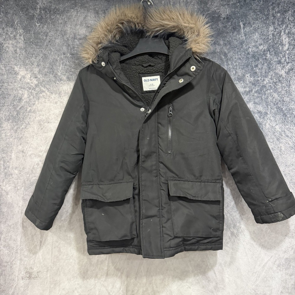 Old Navy Winter Coat Boys M 8 Black Parka Jacket Hooded Faux Fur Sherpa Snow